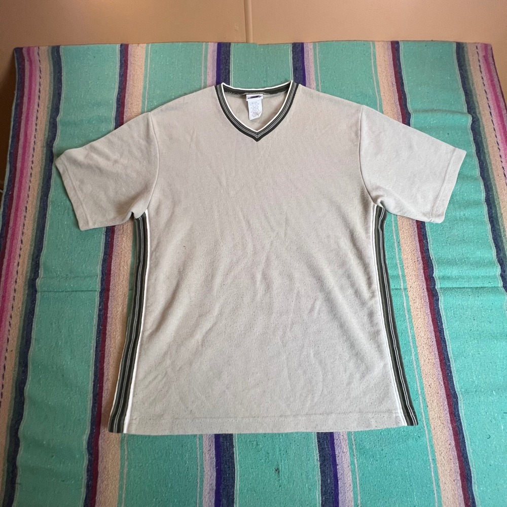 Wooden Dog V-Neck Shirt Mens Large Beige Ribbed Knit Side Stripe Y2K Retro